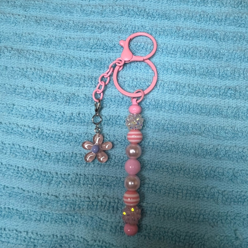 Pink Beaded Keychain with Flower Charm